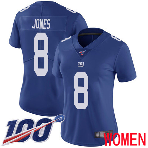 Women New York Giants 8 Daniel Jones Royal Blue Team Color Vapor Untouchable Limited Player 100th Season Football NFL Jersey